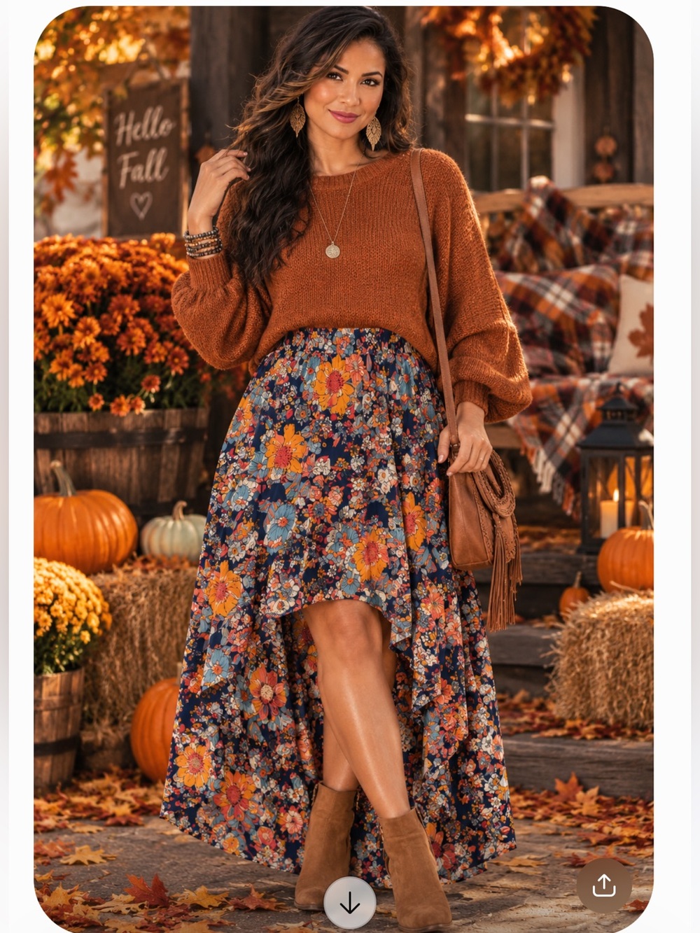 Rockin Western Wear Floral High-Low Maxi Skirt in Navy with Orange & Blue Blooms